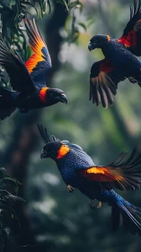 Three dark-plumaged parrots move through blurred forest air