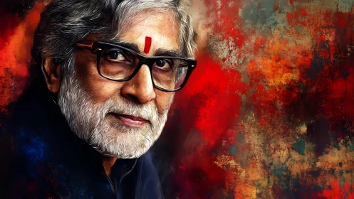 Textured digital portrait of elderly man against abstract red field