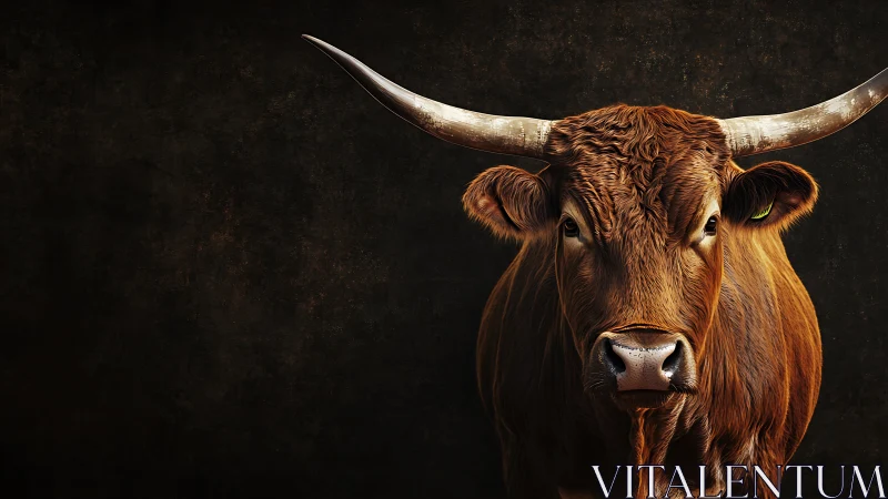 Long-horned brown bull against dark textured backdrop.