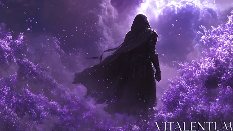 Cloaked voidwalker amid luminescent violet etherfield storm.