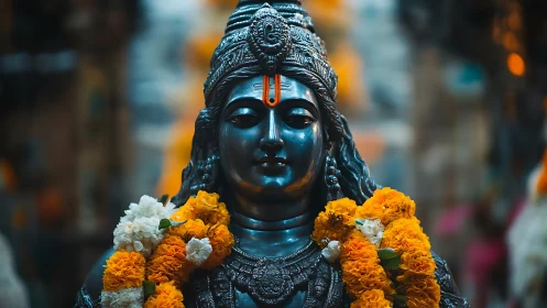 Serene Hindu deity statue adorned with marigold garlands.