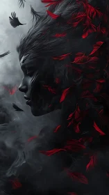 Midnight feathered muse exhales scarlet whispers into smoke