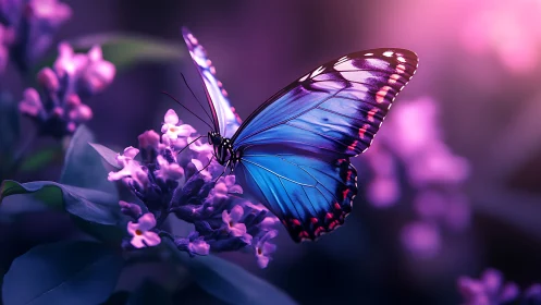 Blue butterfly on purple flowers in soft focused garden.