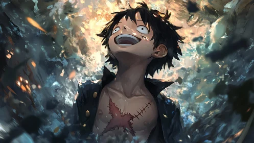 Young pirate with scarred chest amid erupting light shards