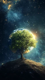 Lonely starlit tree cradling a glowing world in space.