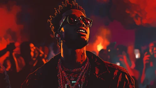 Neon lit performer in stylized concert crowd portrait.