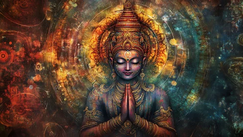 Divine meditative deity radiates concentric celestial light
