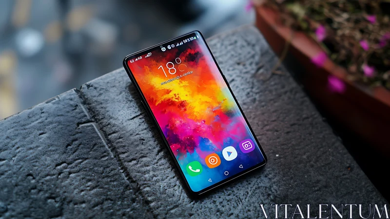 High-End Smartphone Displays Vibrant Gradient Wallpaper on Concrete Surface