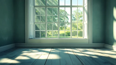 Empty interior with large grid window and outdoor view.