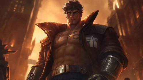 Muscular cyberpunk fighter in burning cityscape with metallic gauntlets