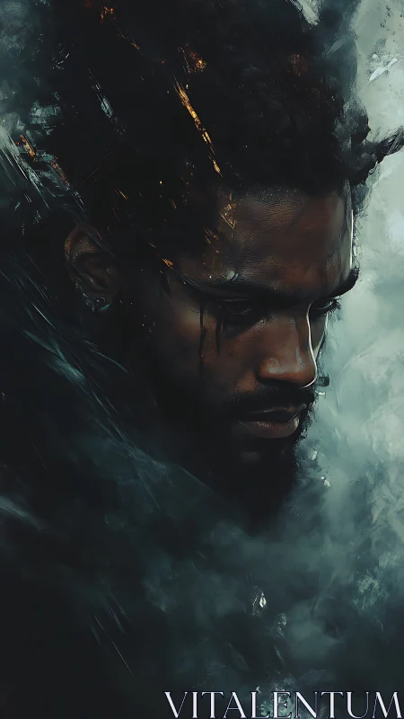 Storm-touched portrait of a brooding face in drifting smoke.