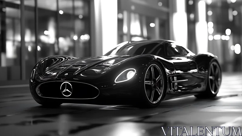 Black Mercedes concept supercar on modern city street.