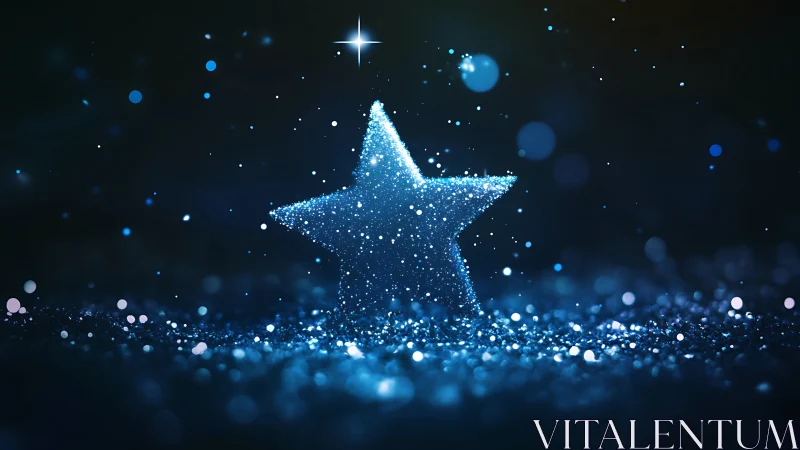 Luminous blue glitter star on dark bokeh background.