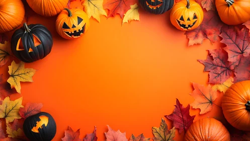 Cheerful jack o’lantern border with glowing autumn leaves.