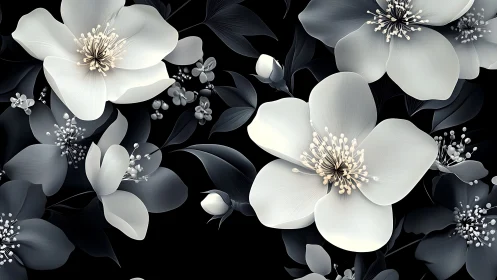 Elegant White Blossoms Dance Against Midnight Darkness.