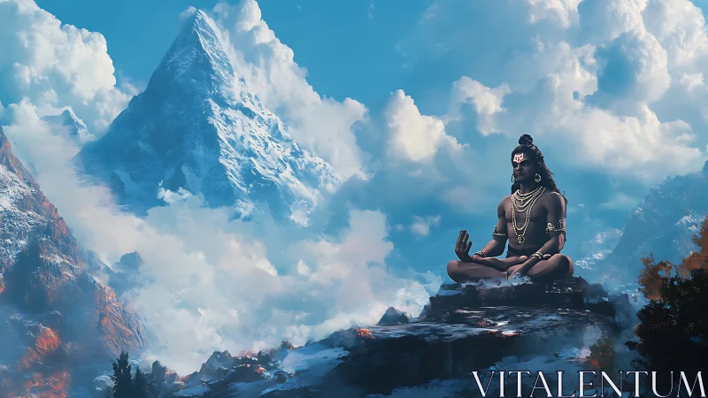 Seated ascetic figure meditates before a snow-covered peak