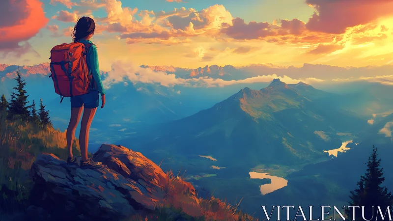 Hiker on alpine ridge at sunset overlooking river valleys