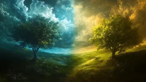 Twin horizon trees divide stormlit night and glowing day.