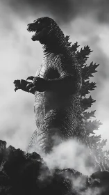 Colossal reptilian titan emerges through monochrome storm clouds.