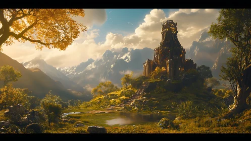 Fantasy mountain temple above lush valley and reflective pond.