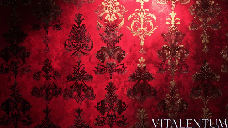 Ornate damask pattern glows on luxurious red wallpaper.