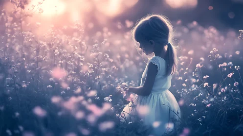 Girl Walking Through a Dreamy Flower Field at Sunset