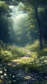 Forest's Luminous Corridor of Wildflowers.
