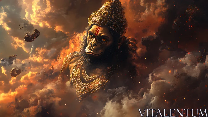 Divine warrior ape emerges from burning celestial clouds
