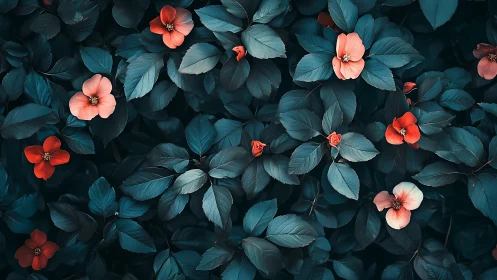 Coral Blooms Against Deep Teal Foliage Overhead Shot.
