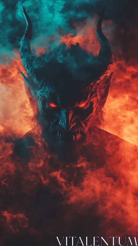 Horned demon emerges from fire and smoke in vivid contrast
