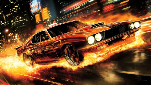 Retro muscle car rendered with dynamic motion blur and fire trails
