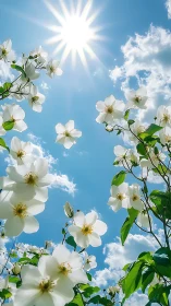 Upward perspectival composition of white flowering dogwood blooms against bright solar illumination 