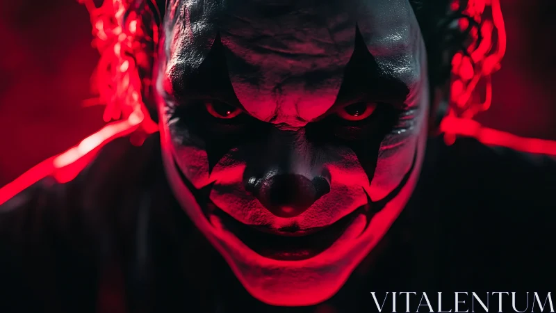 Clown-faced man stares intensely under harsh red lighting