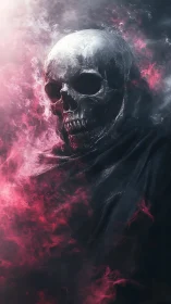 Hooded skull emerges from swirling crimson spectral smoke