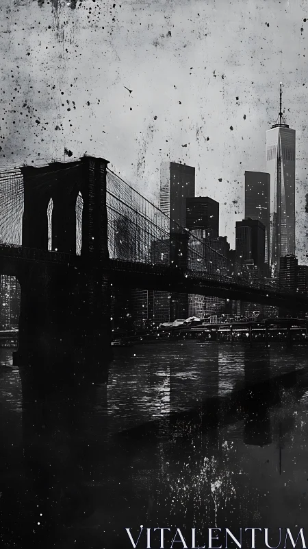 Noir-styled Brooklyn Bridge cityscape rendered in monochrome ink