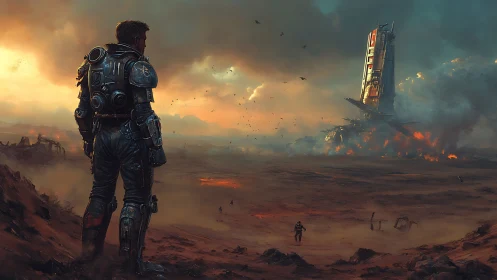 Solitary explorer watching a distant starship ruin burn softly.