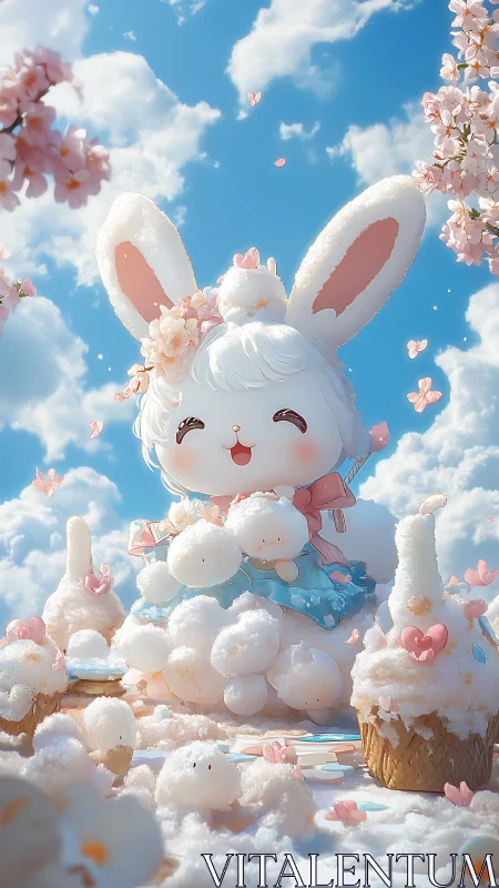 Cotton-candy cloud rabbit sculpture in pastel confectionary sky.