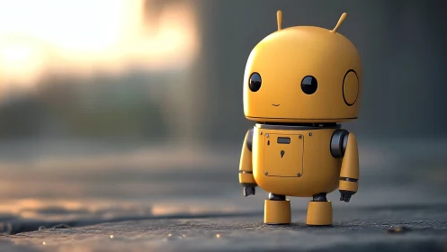 Tiny yellow robot on sunlit pavement in soft focus cityscape.