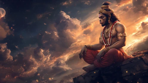 Digital painting of meditative Hanuman in celestial dusk clouds.