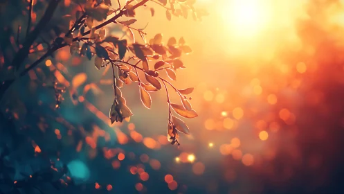 Golden hour branch with glowing leaves in dreamy bokeh style.