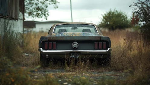Abandoned classic muscle car rests in overgrown rural lot