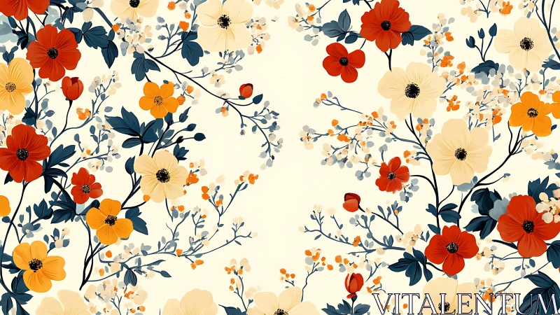 Botanical pattern with red, orange, and cream flowers on neutral background.