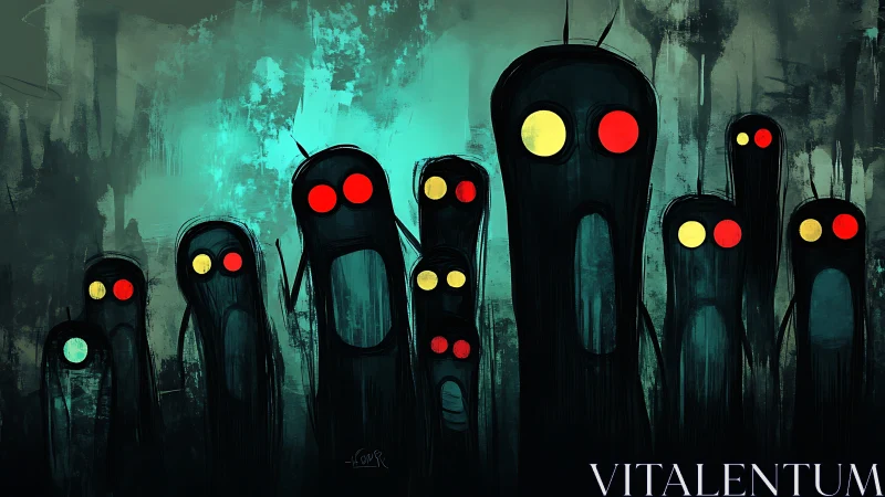 Glowing-eyed shadows huddle in a teal-soaked midnight hush