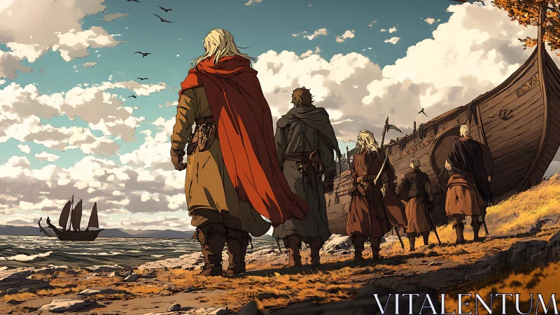 Group of Norse figures observes beached longship on coastline