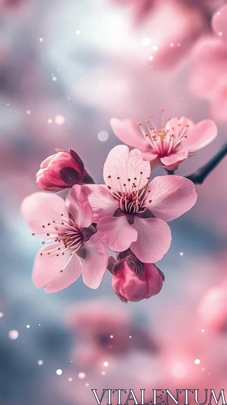 Cherry blossoms glow in dreamy pastel spring bokeh scene.