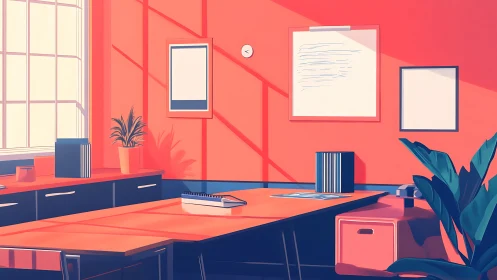 Sunlit coral office interior with minimalist workspace design.