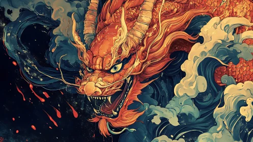 Kinetic oriental dragon head amid stylized crashing ocean waves
