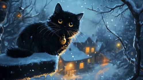 Black Cat's Winter Vigil in Enchanted Snowscape.