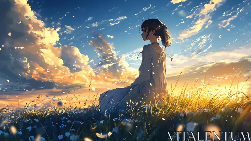 Girl seated in flower field under expansive sunset sky.