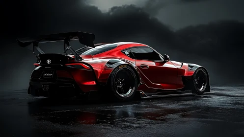 Red tuned sports car on wet asphalt under dark sky.